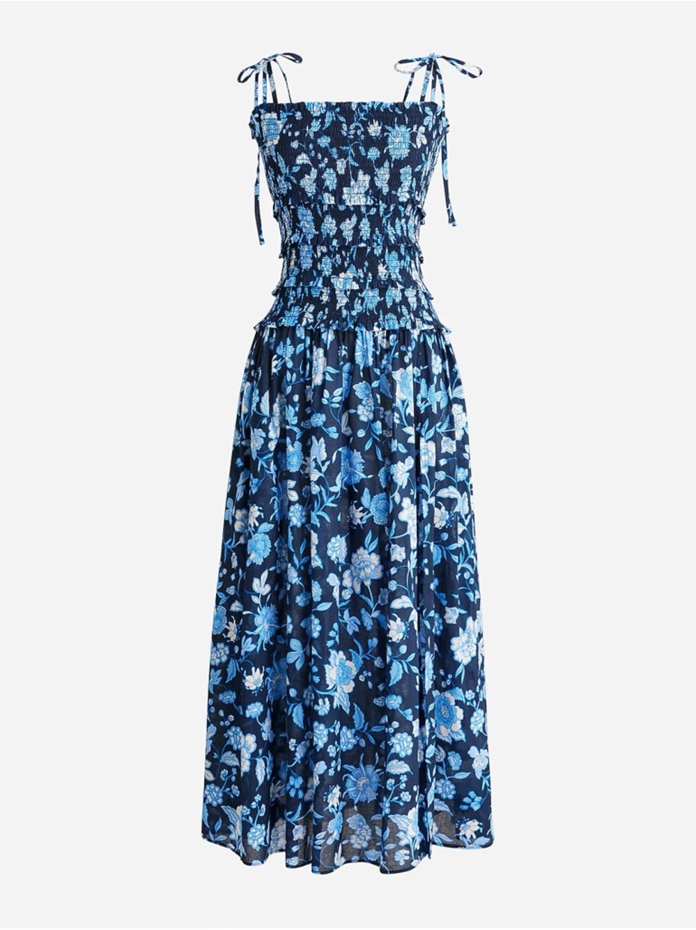 LAST CHANCE | J. Crew Smocked Midi Dress Blue Floral Small 100% Cotton Tie Strap - Picture 2 of 9